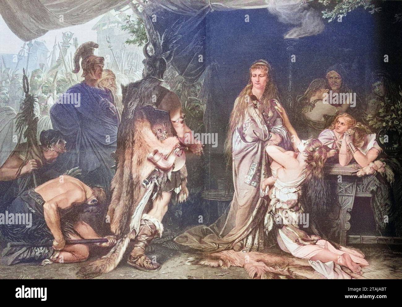 "Tusnelda wird von ihrem Vater Segest, dem römischen Feldherrn Germanicus übergeben; Thusnelda, CA 17 n. Chr., eine Tochter des Cheruskerfürsten Segestes und die Gemahlin des Cheruskerfürsten Arminius, CA. 1885, Historisch, digital restaurierte Reproduktion von einer Vorlage aus dem 19. Jahrhundert / Tusnelda wird von ihrem Vater Segest, dem römischen General Germanicus, übergeben; Thusnelda, ca. 17 n. Chr., Tochter des Cheruskerprinzen Segestes und der Frau des Cheruskerprinzen Arminius, ca. 1885, historische, digital restaurierte Nachbildung aus einem Original des 19. Jahrhunderts. Stockfoto