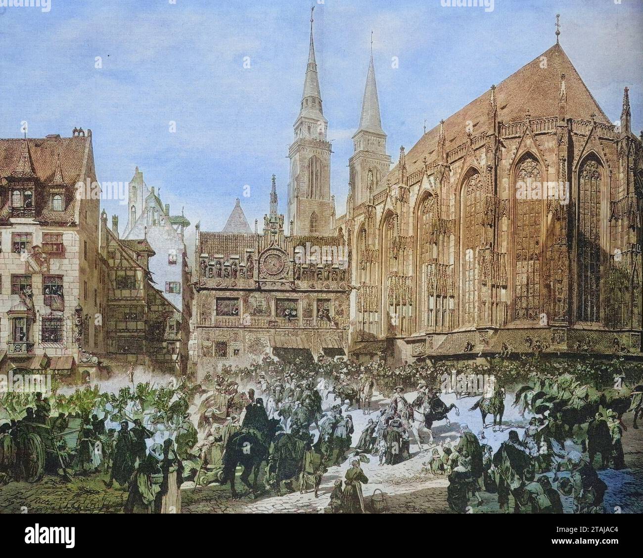 Einzug von Gustav Adolf in Nürnberg 1632, hier an der Sebalduskirche, Deutschland, ca. 1885, Historisch, digital restaurierte Reproduktion von einer Vorlage aus dem 19. Jahrhundert / Einzug von Gustav Adolf in Nürnberg im Jahr 1632, hier in der Sebaldskirche, Deutschland, ca. 1885, historische, digital restaurierte Reproduktion eines Originals aus dem 19. Jahrhundert Stockfoto