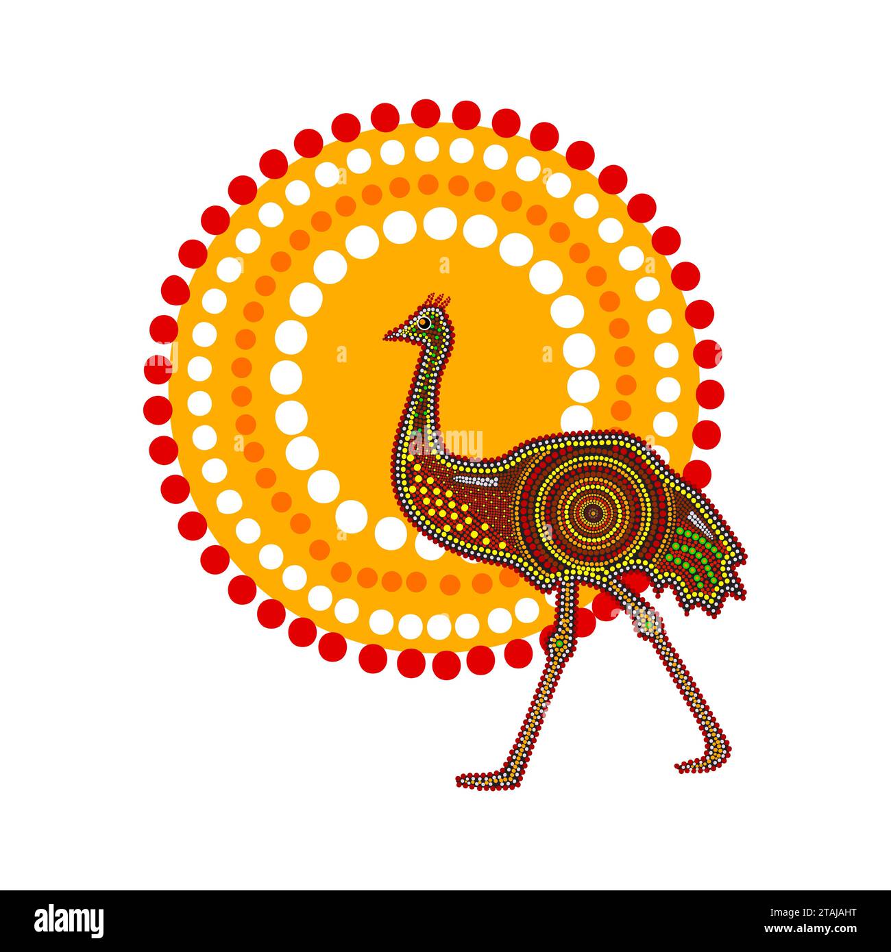 Strauß und Sonne im dekorativen ethnischen Stil. emu im Stil der Aborigines. Australien traditioneller Kulturstil der Aborigines von DOT Stock Vektor