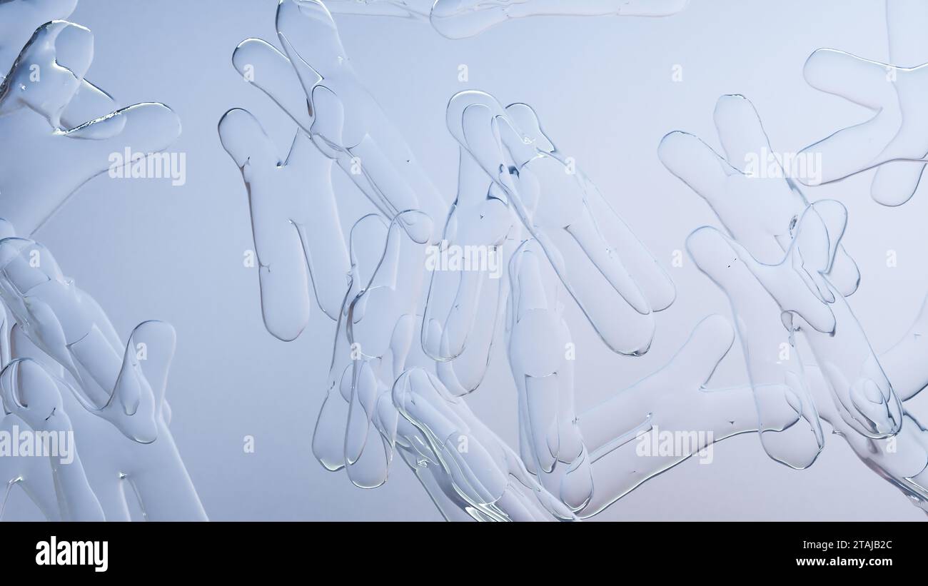 Humanes Chromosom unter Mikroskop, Genomsequenz. Molekularbiologie, DNA-Moleküle, schwimmende Chromosomen mit hervorgehobenen Telomeren, genetischer Code, G Stockfoto