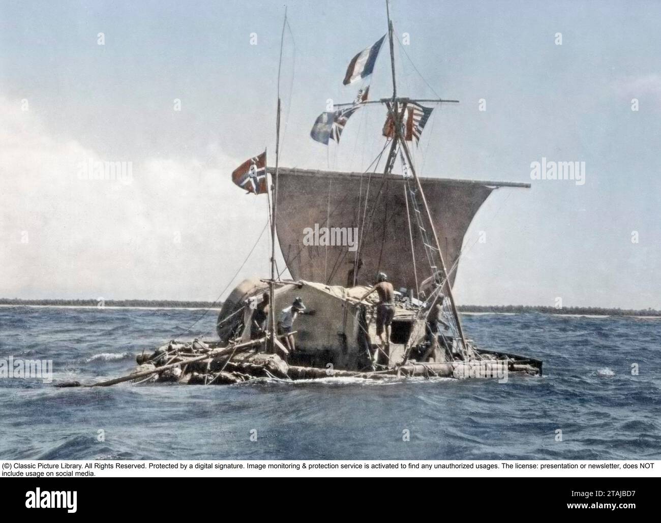 Die Kon-Tiki-Expedition war 1947 eine Reise mit dem Floß über den Pazifik von Südamerika zu den polynesischen Inseln, die von dem norwegischen Entdecker und Schriftsteller Thor Heyerdahl geleitet wurde. Das Floß hieß Kon-Tiki Stockfoto Die Kon-Tiki-Expedition war 1947 eine Reise mit dem Floß über den Pazifik von Südamerika zu den polynesischen Inseln, die von dem norwegischen Entdecker und Schriftsteller Thor Heyerdahl geleitet wurde. Das Floß hieß Kon-Tiki Stockfoto