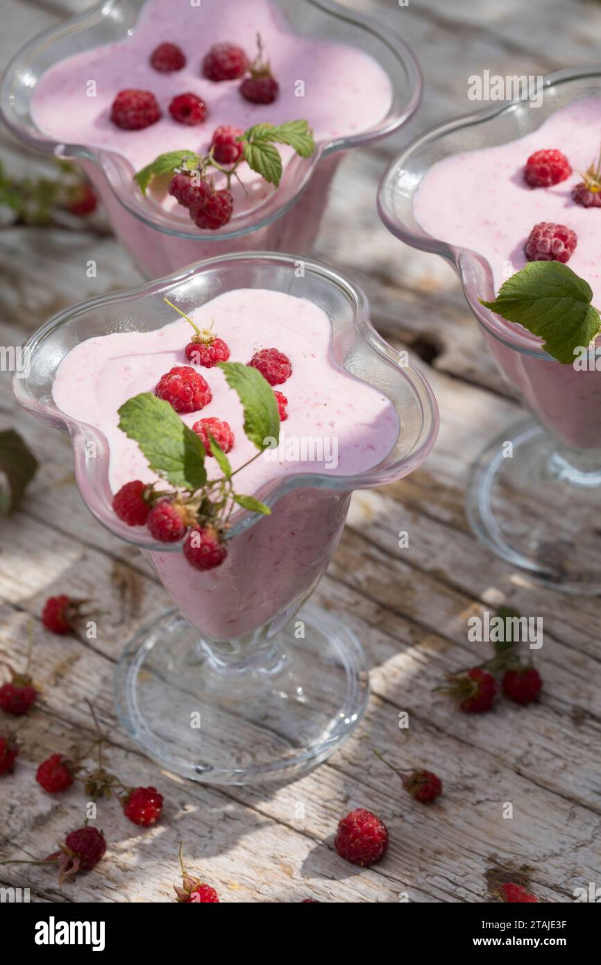 Himbeer-Softeis, Eis, Himbeereis, Soft-Eis, Sofeis, Eis selbermachen aus Naturjoghurt, Quark, Früchten, Wildfrüchten, Banane, Vanillezucker. Schritt 4 Stockfoto