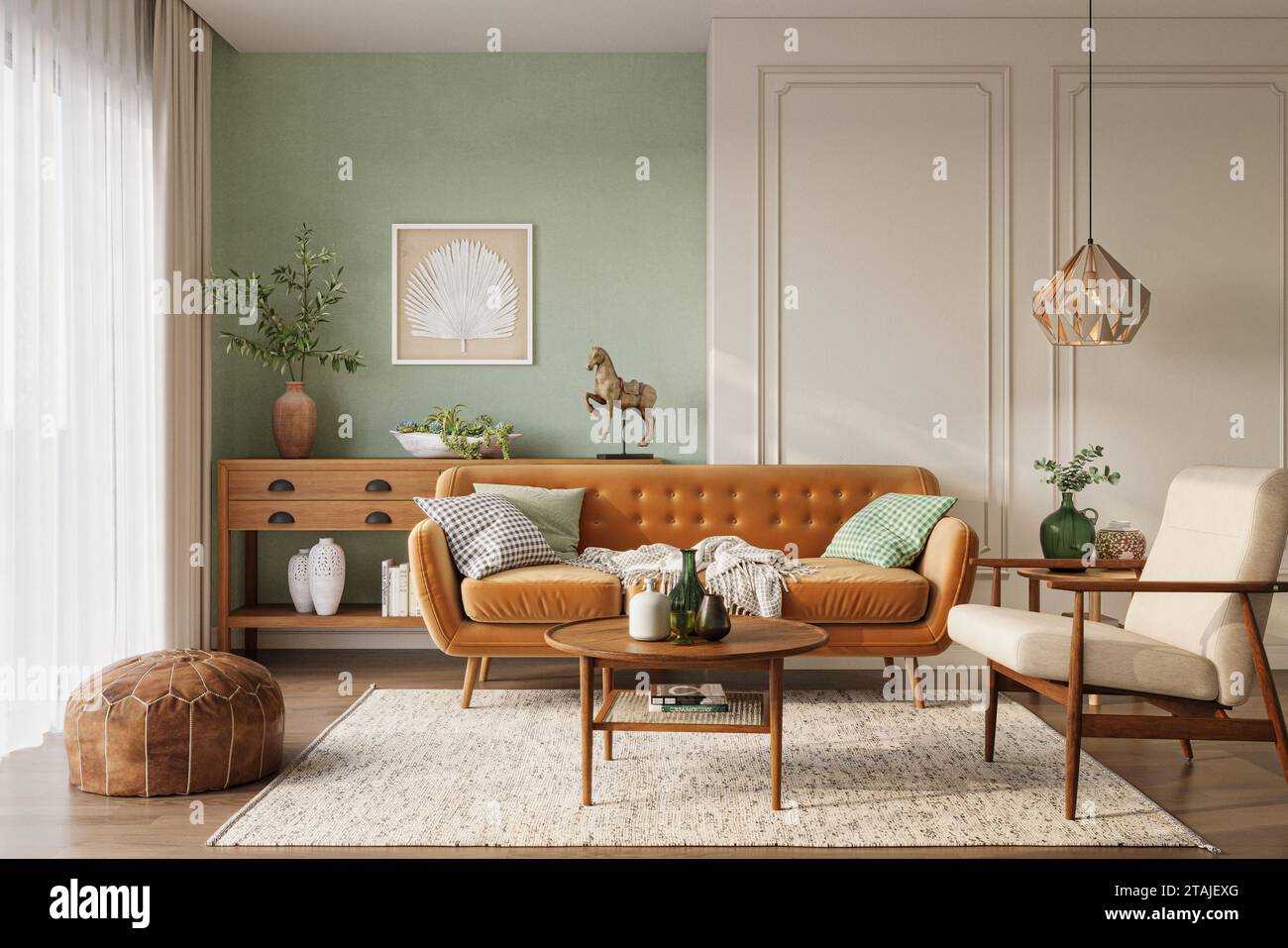 Orangefarbenes Sofa in gemütlicher Wohnzimmereinrichtung mit pastellgrünen Wänden und Holzmöbeln. Wandmodell, 3D-Rendering Stockfoto