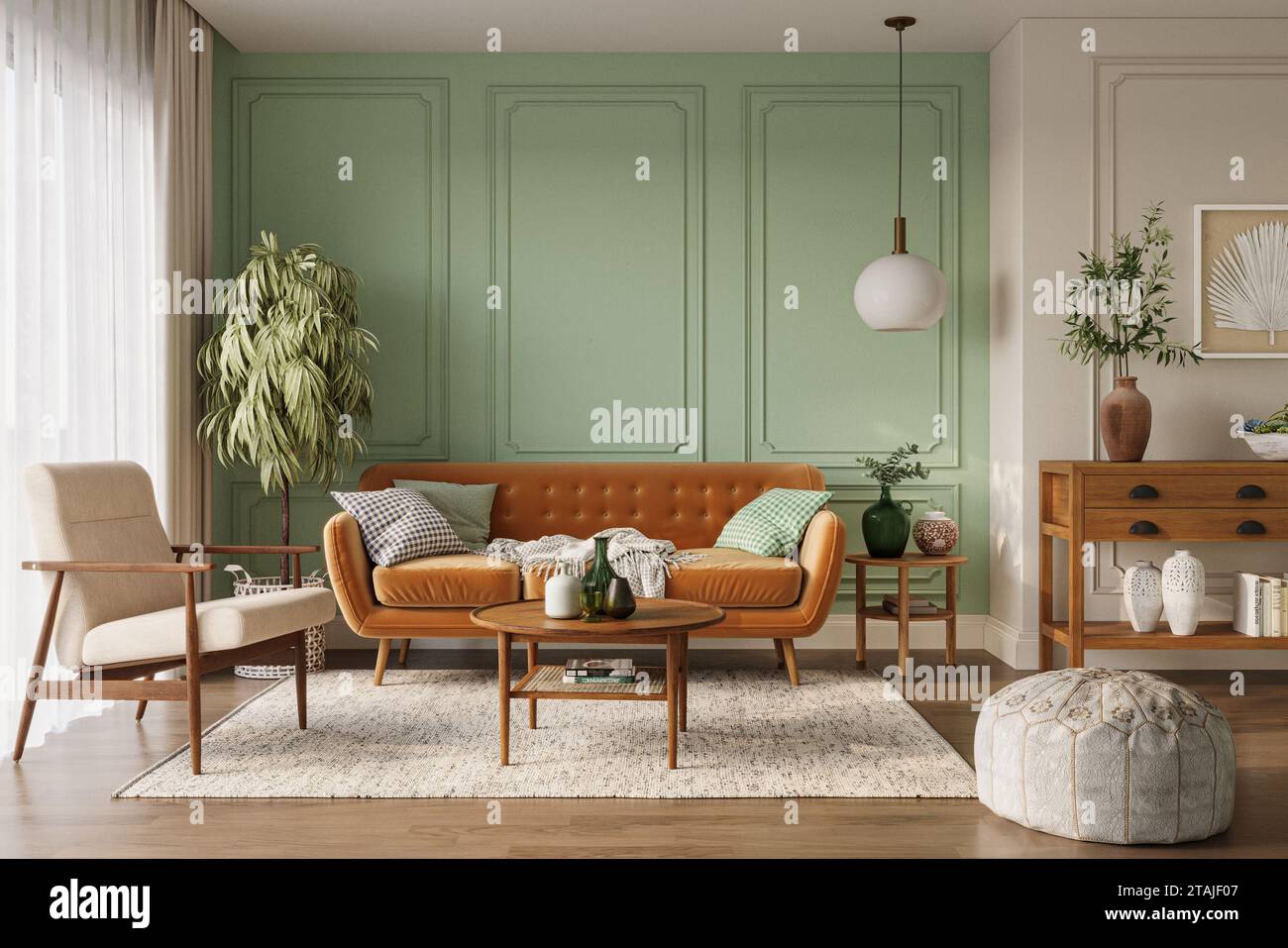 Orangefarbenes Sofa in gemütlicher Wohnzimmereinrichtung mit pastellgrünen Wänden und Holzmöbeln. Wandmodell, 3D-Rendering Stockfoto