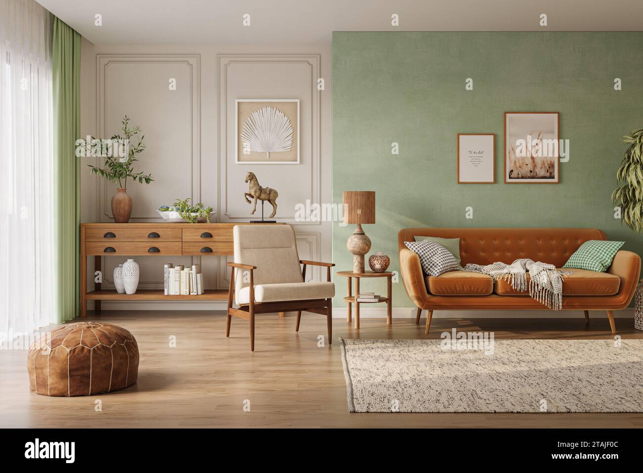 Orangefarbenes Sofa in gemütlicher Wohnzimmereinrichtung mit pastellgrünen Wänden und Holzmöbeln. Wandmodell, 3D-Rendering Stockfoto