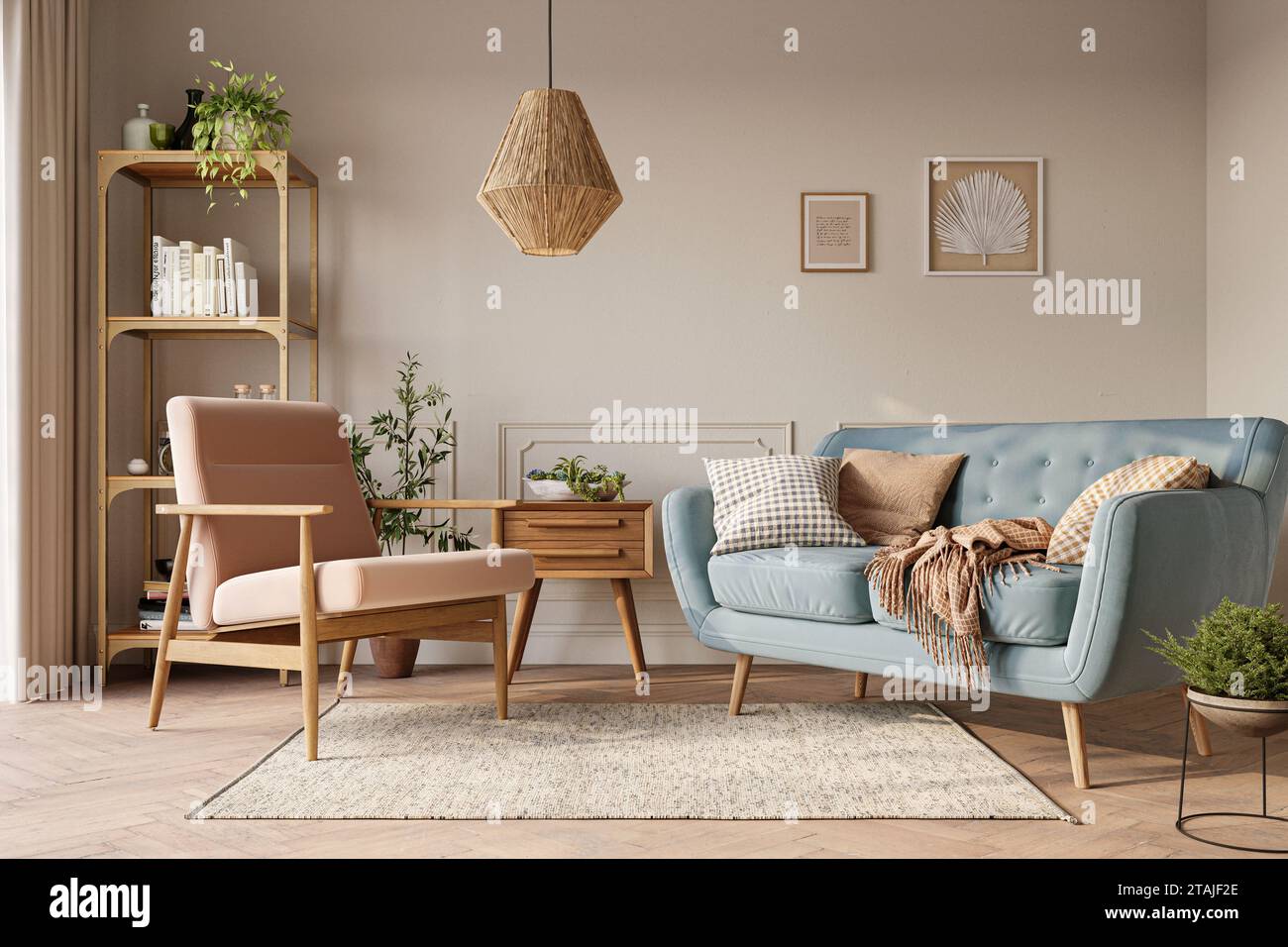 Gemütliches Zuhause in hellen Pastelltönen mit blauem Sofa, Holzmöbeln und wunderschönem Dekor. Wandmodell Stockfoto
