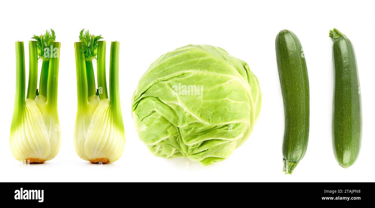 Set von grünem Gemüse (Kohl, Zucchini, Fenchel) isoliert auf weißem Hintergrund. Collage. Breites Foto. Stockfoto