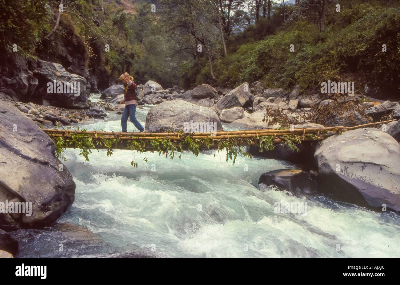 Nepal, Touristen überqueren einen Fluss während des Jomsom Muktinath Trek in der Region Annapurna. Stockfoto
