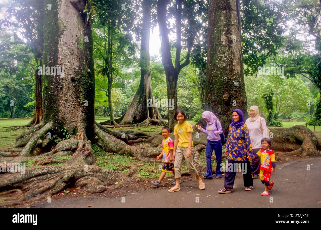 Indonesien, Bogor. Frauen und Kinder besuchen die Bogor Botanischen Gärten (Indonesisch: Kebun Raya). Stockfoto