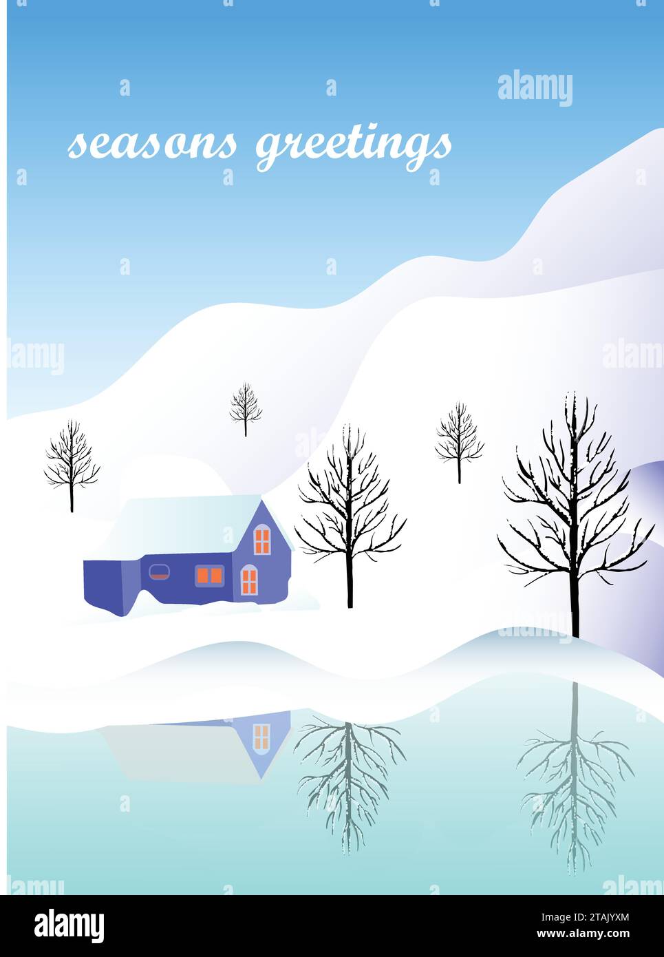 Blaues Haus in verschneite Landschaft, See im Vordergrund mit Text Jahreszeiten Grüße. Illustrationsvektor für Weihnachten. Stock Vektor