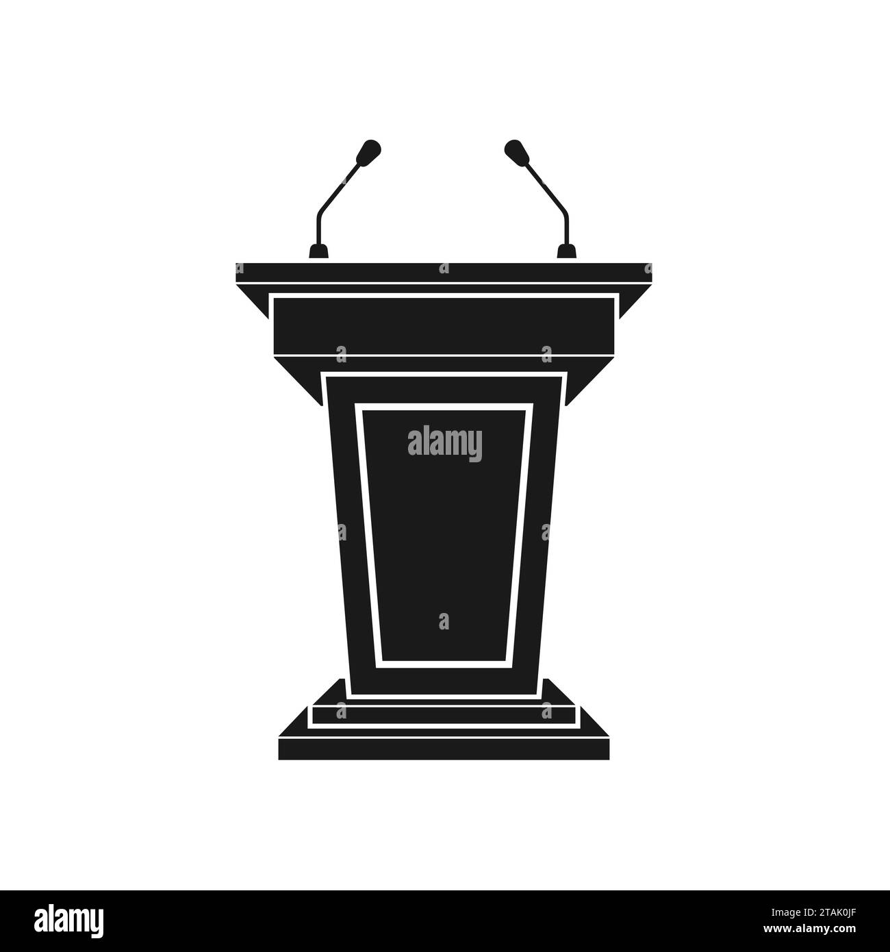 Schwarzes Tribun-Symbol-Standrostrum mit Mikrofonen auf weißem Hintergrund. Podium oder Sockel für Rede oder öffentliche Kanzel für Redner. Tribut Stock Vektor