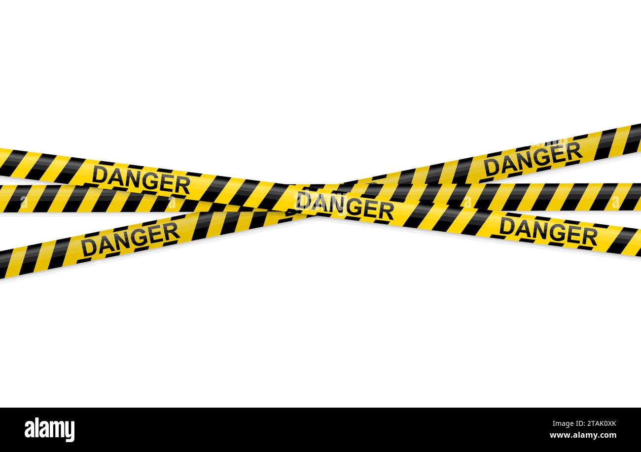 Gelbe und schwarze Warnbänder mit Text Gefahr isoliert auf weißem Hintergrund. Polizeiisolierleitung, Warnzeichen, nicht kreuzen, Vorsicht. Stock Vektor