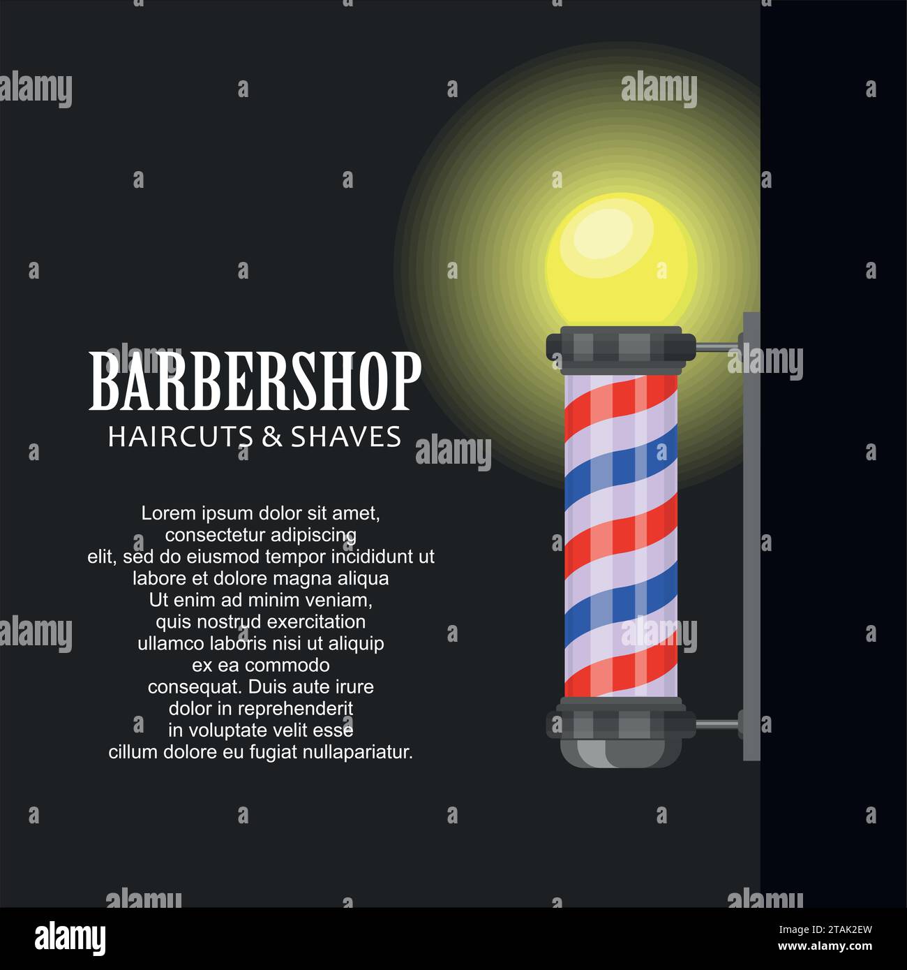 Friseur-Stange mit Streifen auf dunklem Hintergrund. Barbershop-Schild, Friseur-Symbol in flachem Stil. Bannervorlage Vektorillustration Stock Vektor