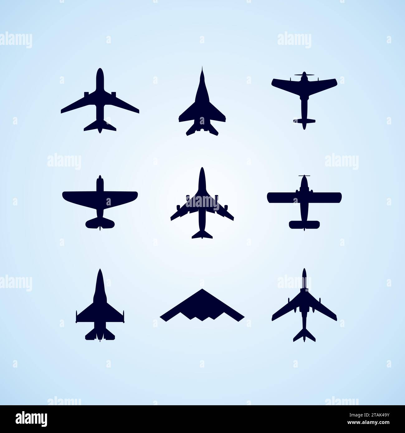 Flugzeugsymbole Set - Passagierflugzeug, Kampfflugzeug und Schraube auf blauem Hintergrund. Vektorabbildung. Stock Vektor