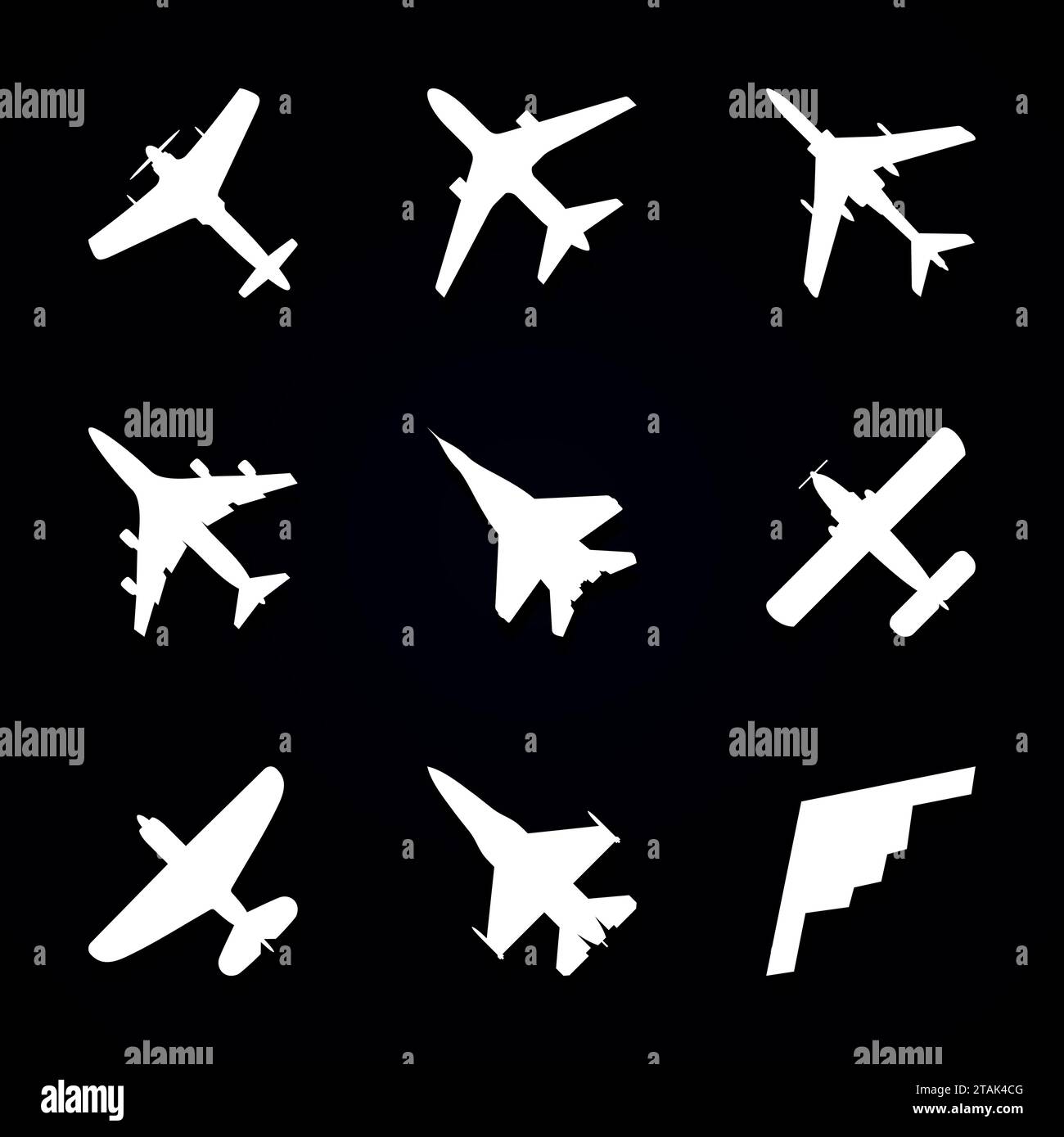 Flugzeugsymbole Set - Passagierflugzeug, Kampfflugzeug und Schrauben auf dunklem Hintergrund mit Schatten. Vektorabbildung. Stock Vektor