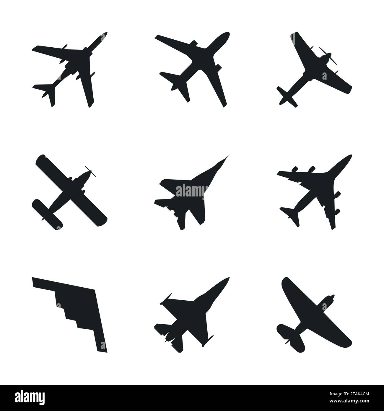 Flugzeugsymbole Set – Passagierflugzeug, Kampfflugzeug und Schraube. Vektorabbildung. Stock Vektor