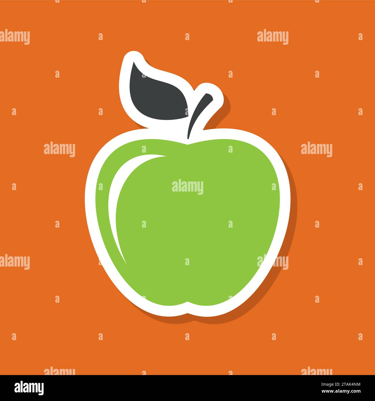 Apfelaufkleber in flacher Form mit Schatten. Frucht-Vektor-Symbol. Grüner Apfel auf orangefarbenem Hintergrund Stock Vektor