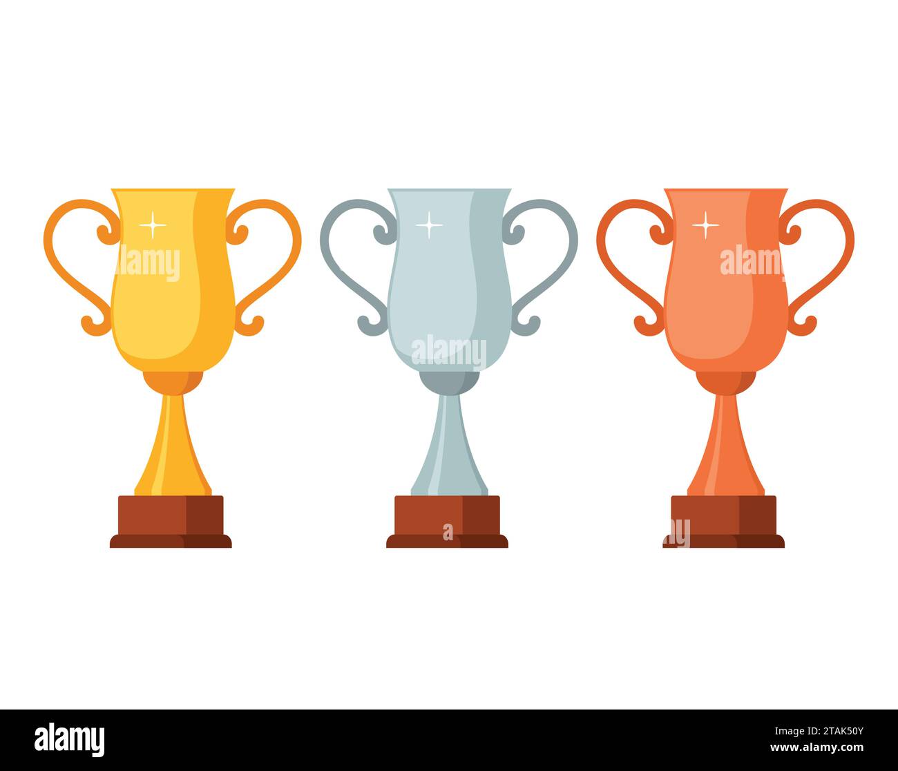 Trophäensiegerbecher mit Holzsockel isoliert auf weißem Hintergrund. Gold-, Silber- und Bronze-Preisverleihungsträgern Ikone Vektor-Illustration Stock Vektor