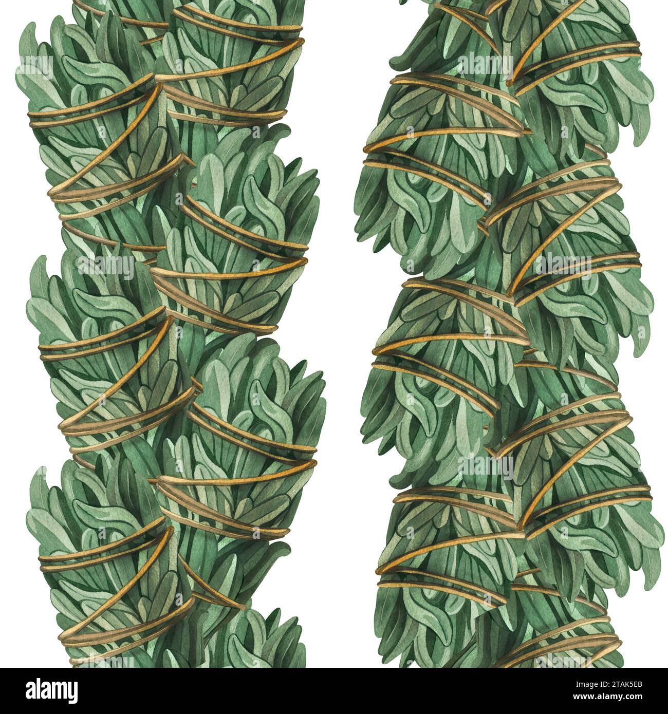 Nahtloses Aquarellmuster auf weißem Hintergrund. Weiße Salbeisträuße zum Verschmieren, Aromatherapie, handbemalt in Aquarellen. Zum Drucken auf Papier Stockfoto