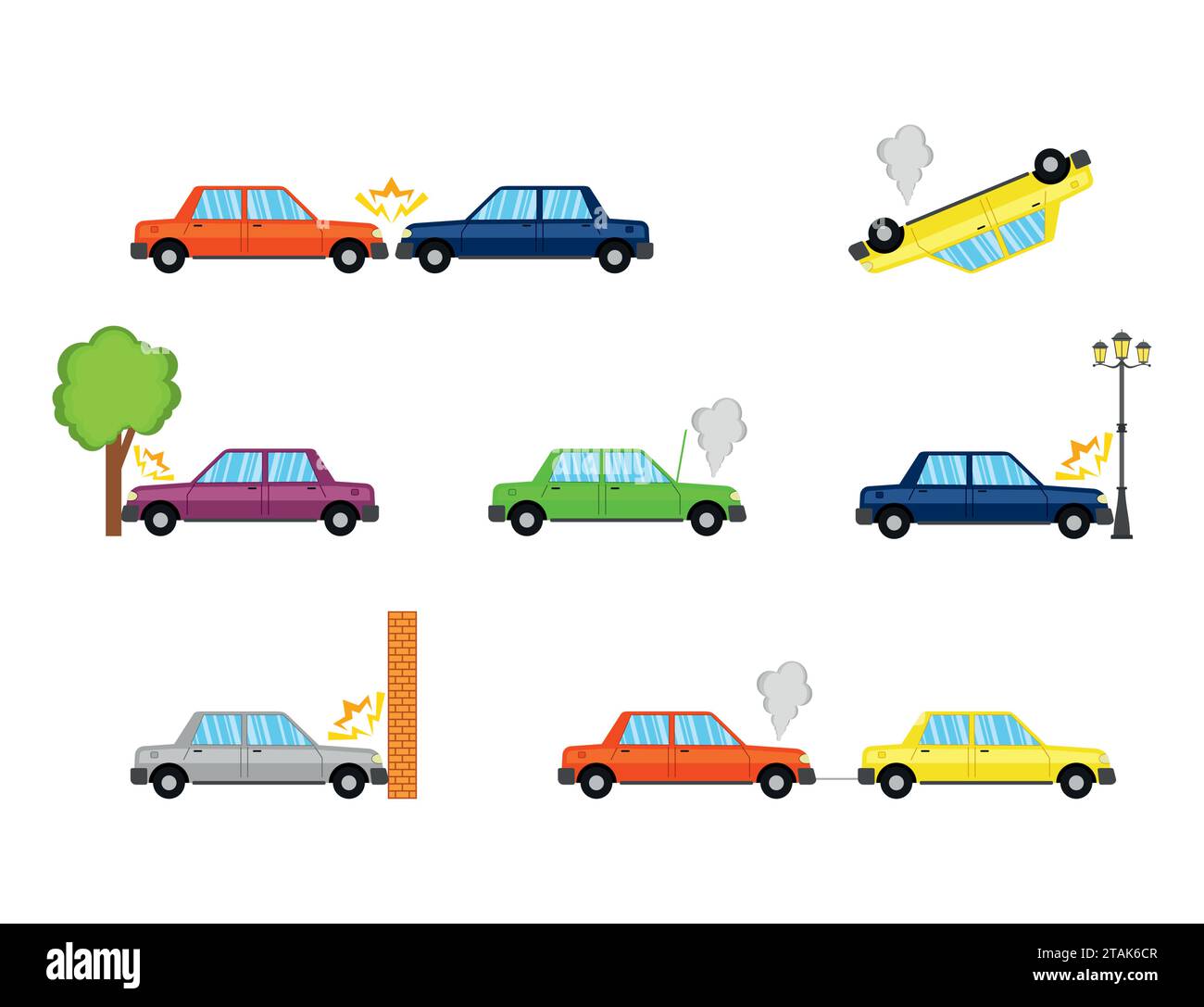 Autounfälle und Unfälle, flache Symbole. Vektorabbildung Stock Vektor
