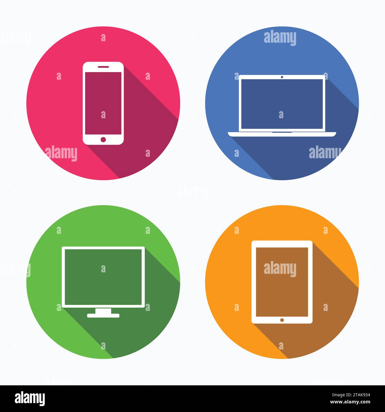 Gerätesymbole: Smartphone, Tablet, Laptop und Desktop-Computer. Farbenfrohe Gerätesymbole in flacher Form mit Schatten auf weißem Hintergrund. Vektor Il Stock Vektor