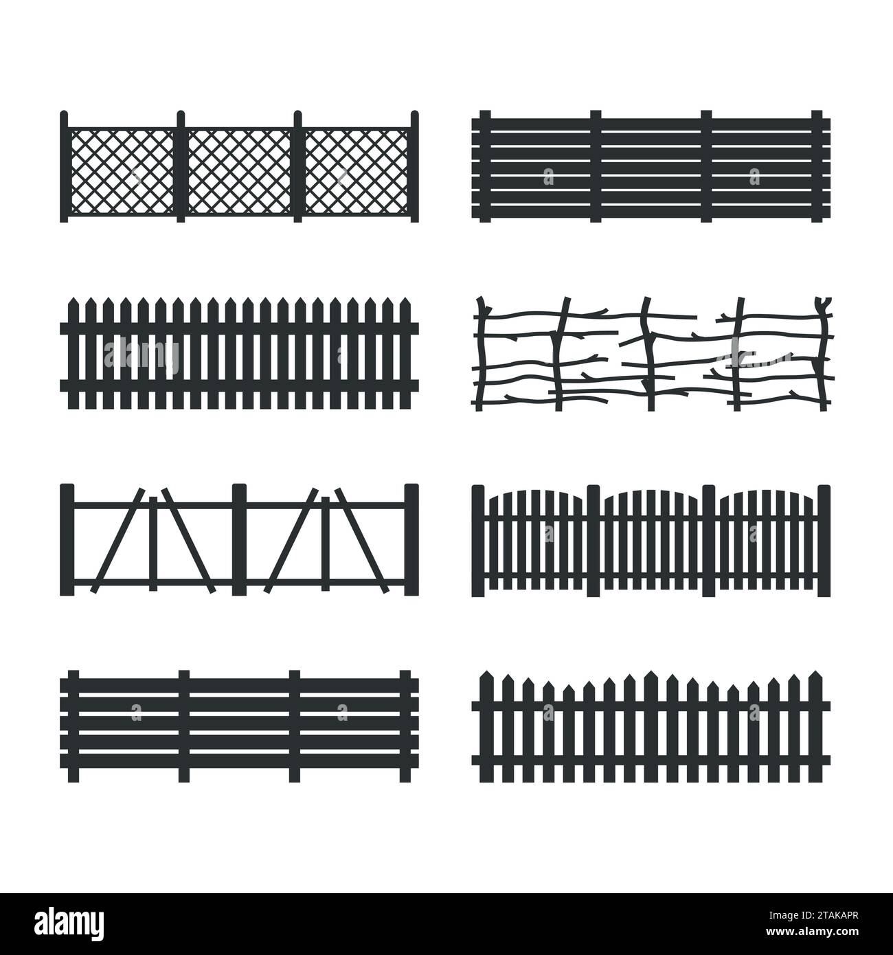 Setzen Sie Holzzäune auf weißen Hintergrund. Verschiedene Gartenzäune Symbole Vektorillustration. Ländliche Zaunholzplatten Silhouettenkonstruktion Stock Vektor