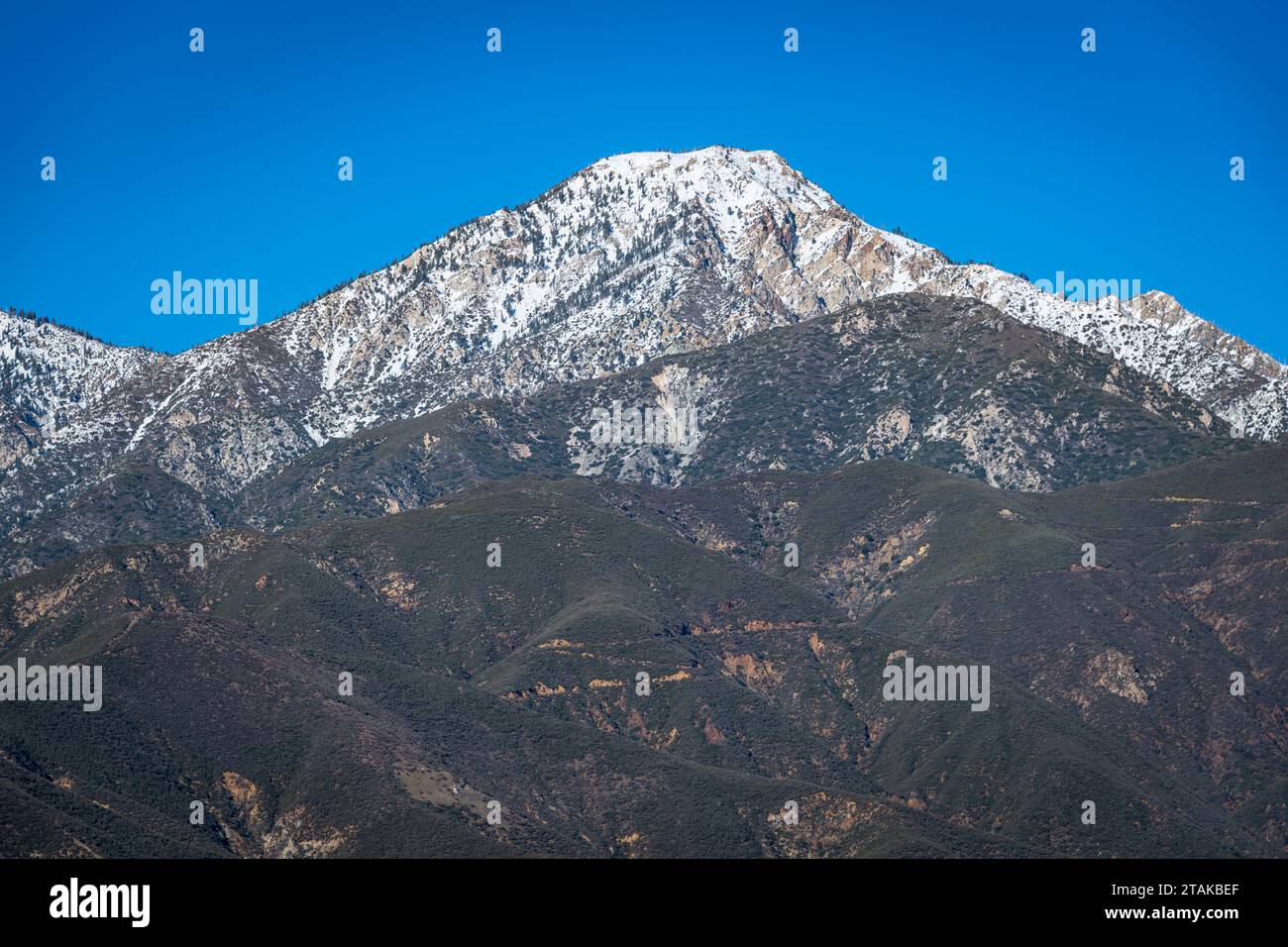 Der schneebedeckte Cucamonga Peak in den San Gabriel Mountains Stockfoto