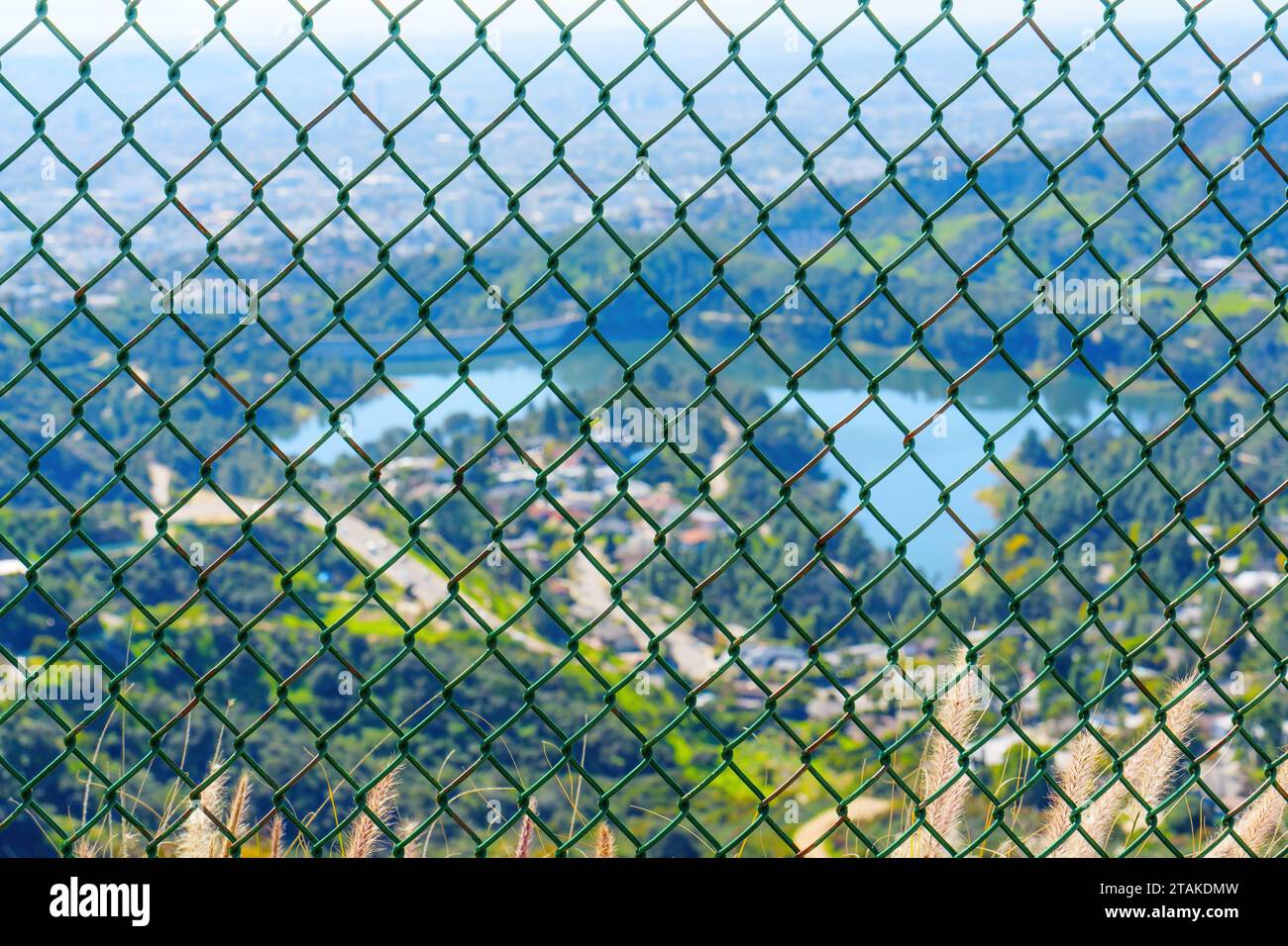 Diamantgitter-Zaun und unscharfer Blick auf das malerische Hollywood Reservoir in Los Angeles. Stockfoto