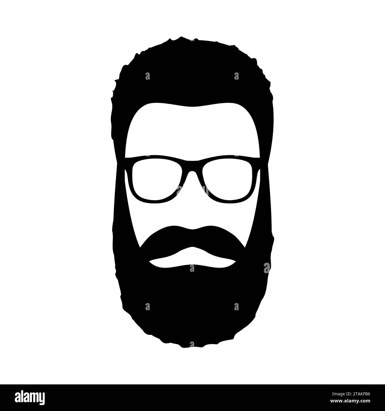 Hipster-Mann. Frisur, Bart und Brille in flacher Form. Hipster-Symbol mit schwarzer modischer Silhouette auf weißem Hintergrund. Vektorabbildung Stock Vektor