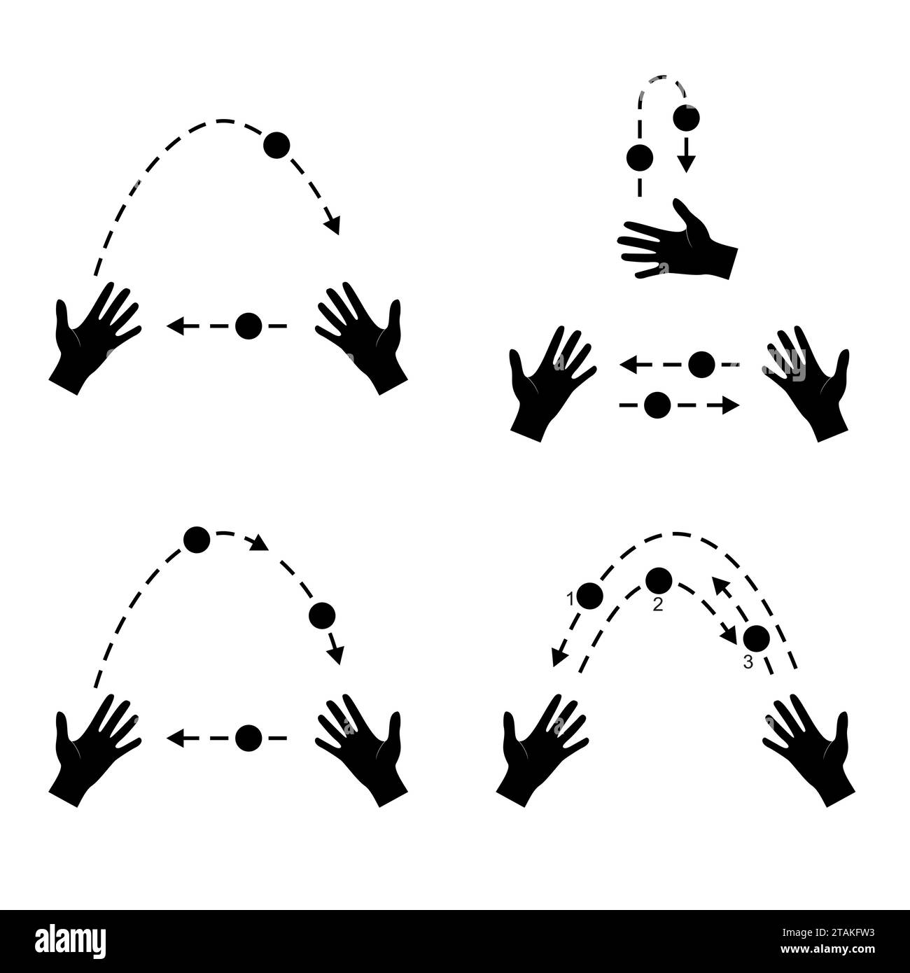 Jonglieren. Hände werfen Ball Silhouette flach Stil isoliert auf weißem Hintergrund. Lernen Sie, Ratschläge zu jonglieren. Stock Vektor