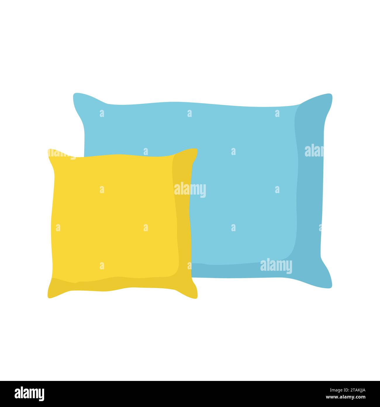 Blaue und gelbe Kissen isoliert auf weißem Hintergrund. Bequemes Bettkissen, Kissen und Bettwäsche. Vektorabbildung Stock Vektor