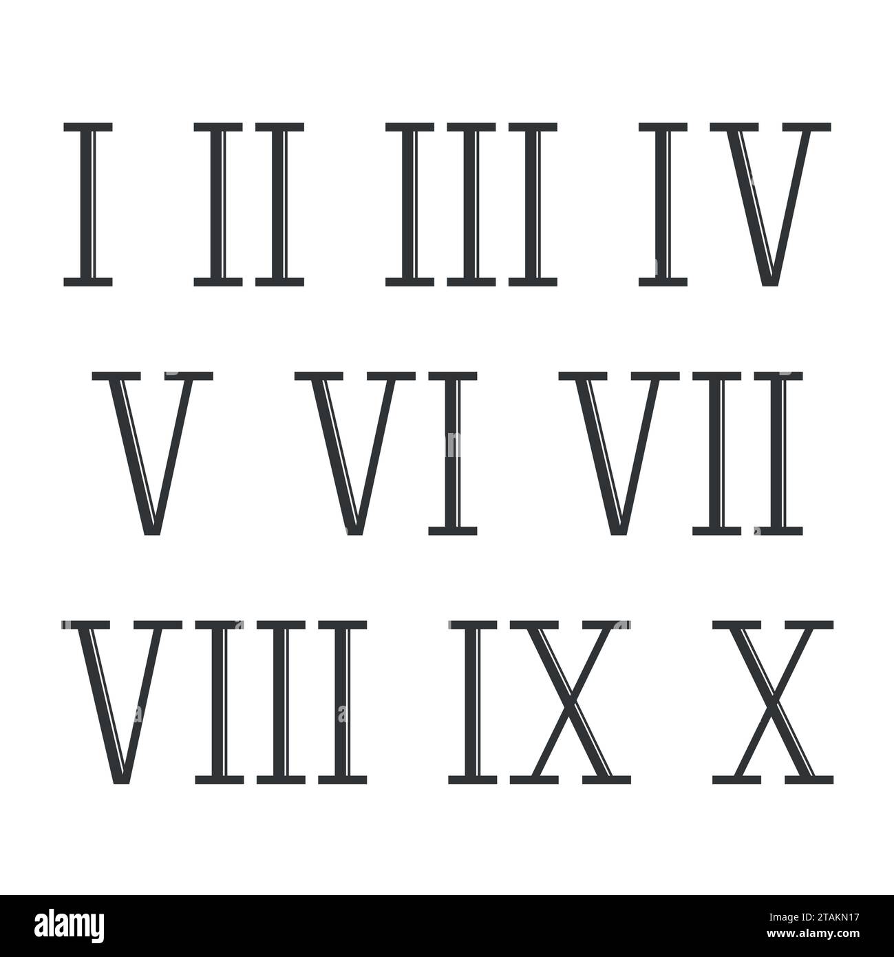 Römische Zahlen setzen Vektor isoliert auf weißem Hintergrund. Alte römische Alphabet-Nummer und Schriftart römisches Alphabet. Stock Vektor