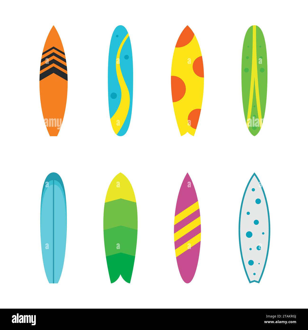 Set aus Surfbrettern mit verschiedenen Designs in einem flachen Stil, isoliert auf weißem Hintergrund. Sommer Sport Surf Board Aktivitätswelle Extreme Kollektion Stock Vektor
