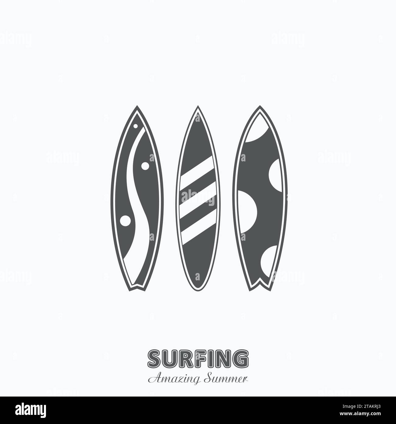 Set von Surfbrettern mit in einem flachen Stil isoliert auf weißem Hintergrund. Sommer Sport Surfbrett Aktivität Wave Extreme Kollektion und Icon Surfing Holz Stock Vektor