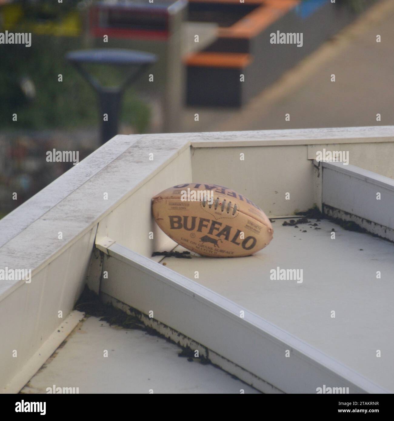 Verloren gegangener australischer Fußball, der auf einem flachen Dach aufgegeben wurde und über dem Park in der Stadt Perth gelandet wurde, ist ein verlassener Anblick Stockfoto