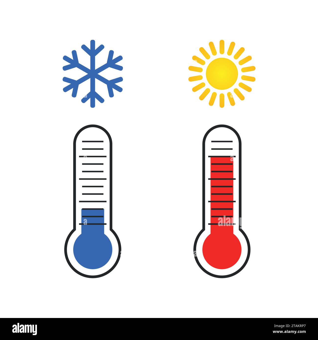 Thermometer zur Messung von Wärme und Kälte, mit Symbolen für Sonne und Schneeflocke. Vektorabbildung Stock Vektor