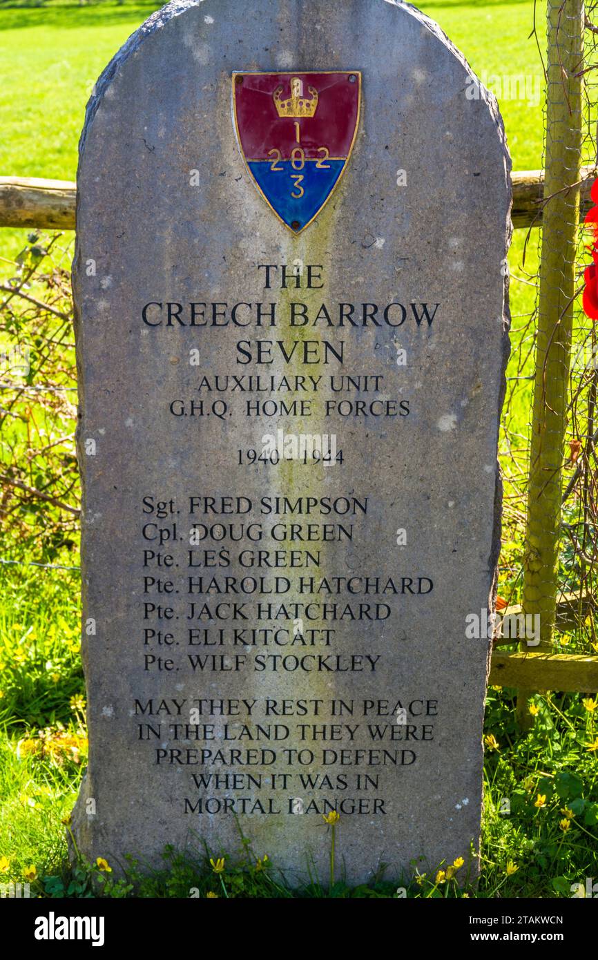 WAREHAM, ENGLAND – 2. April 2021: Memorial to the Creech Barrow Seven, East Creech, Dorset, Porträt, Nahaufnahme Stockfoto