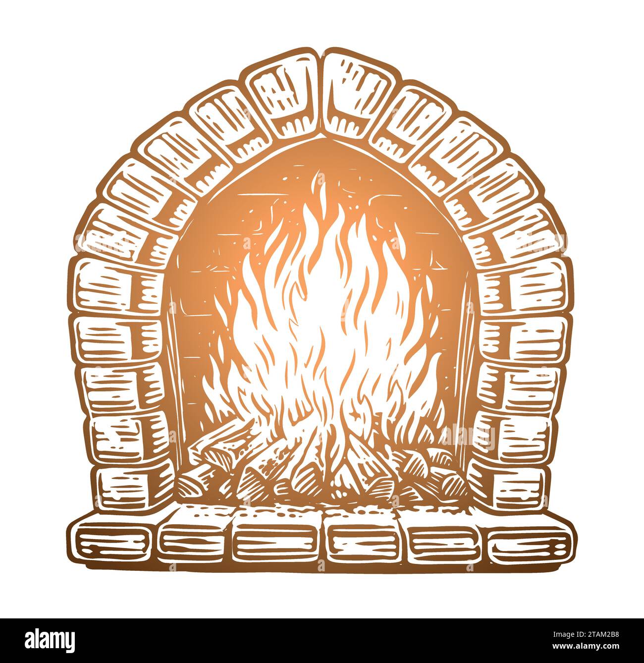 Holz brennt im Kamin. Feuer im Steinofen. Handgezeichnete Vektorgrafik Stock Vektor