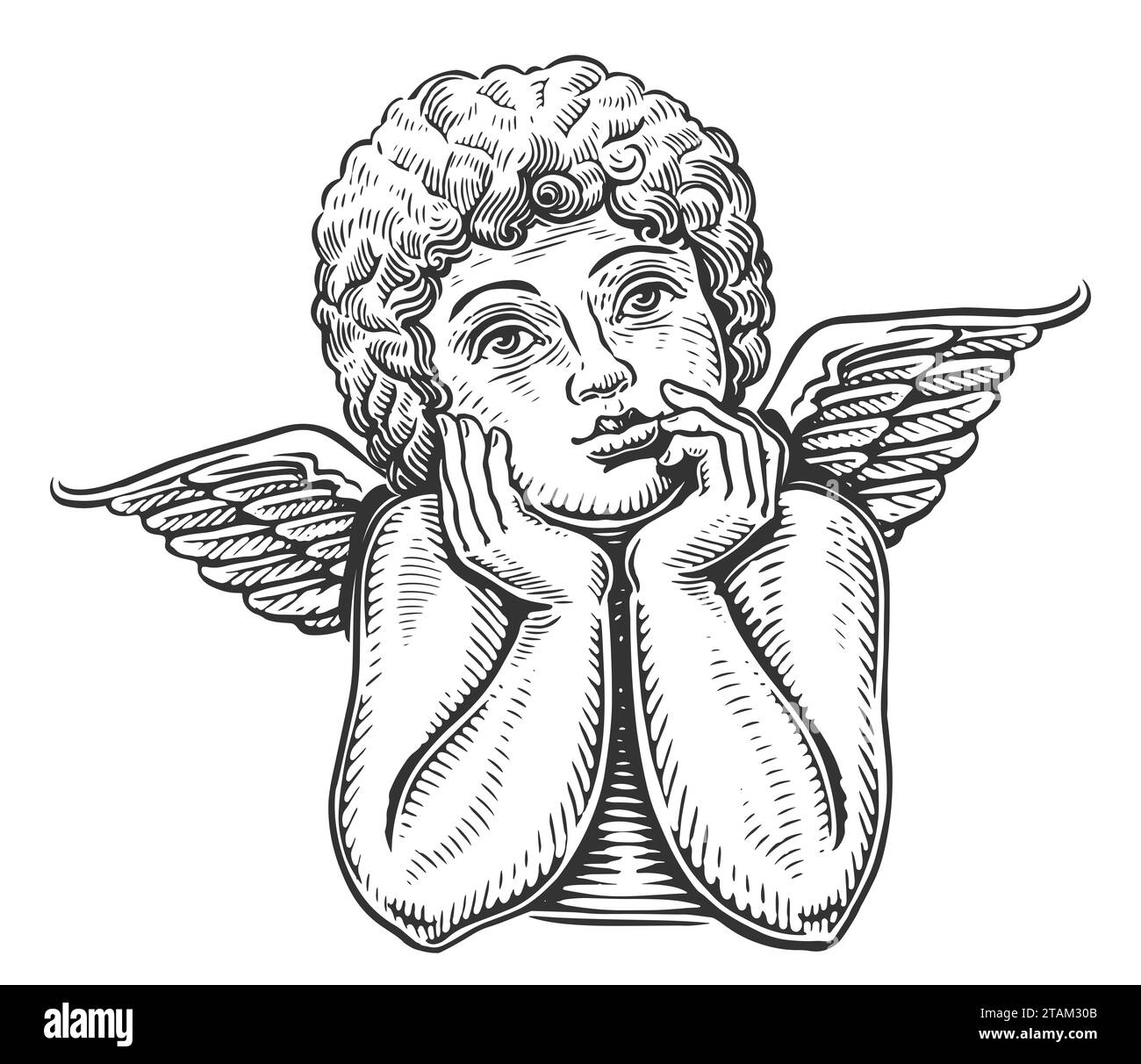 Nachdenkliches süßes Engelskind. Süßes Baby mit Flügeln. Handgezeichnete Zeichnung Vintage Illustration Stockfoto