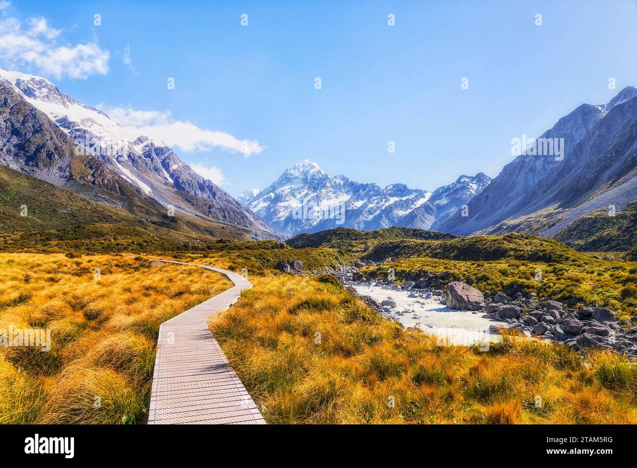 Promenade auf dem Wanderweg im Hooker Valley zum Mt Cook auf der Südinsel Neuseelands. Stockfoto