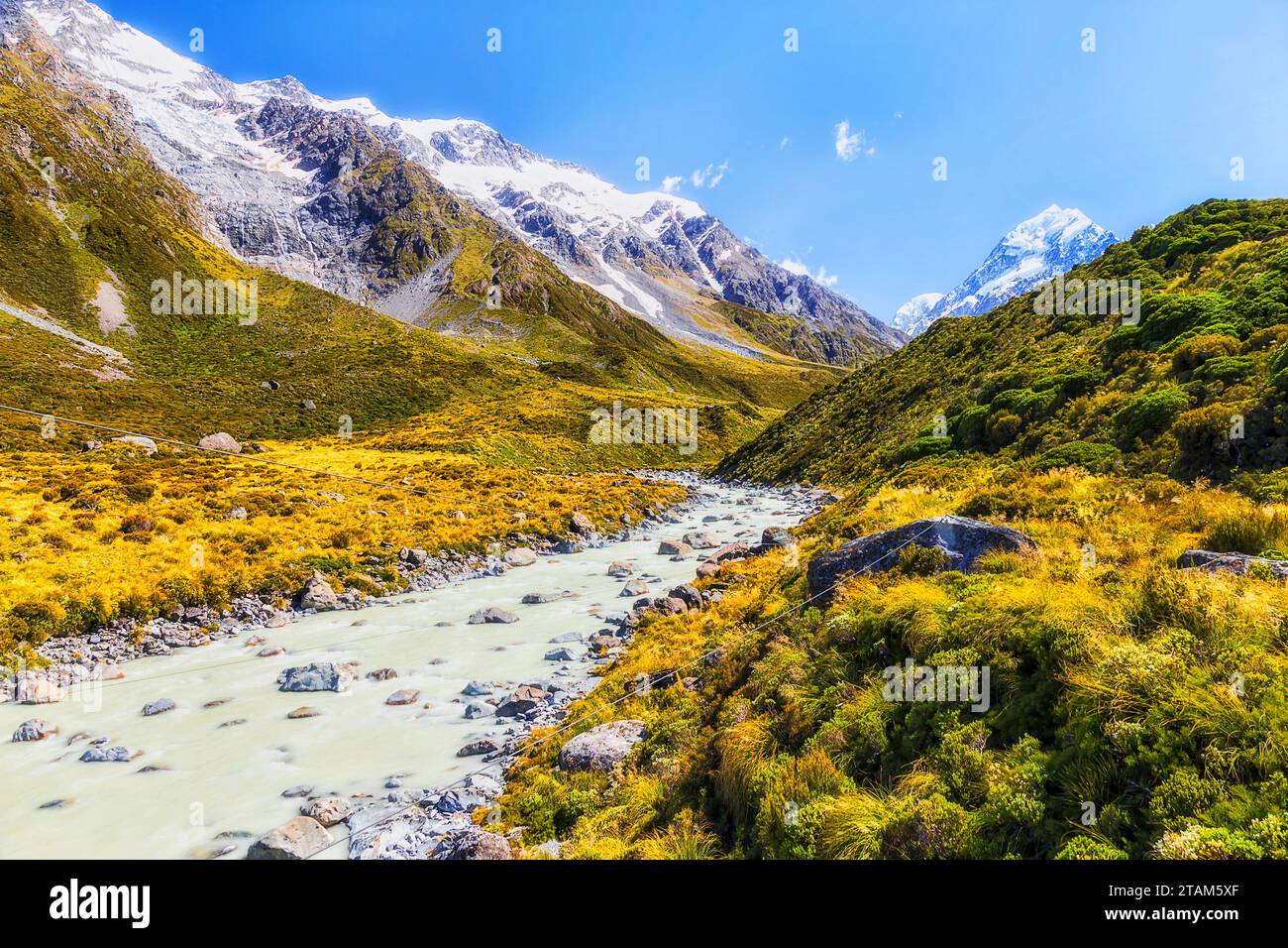 Glasier schmolz unberührten Fluss mit weißem Wasser im Mt Cook Aoraki Nationalpark in Neuseeland. Stockfoto
