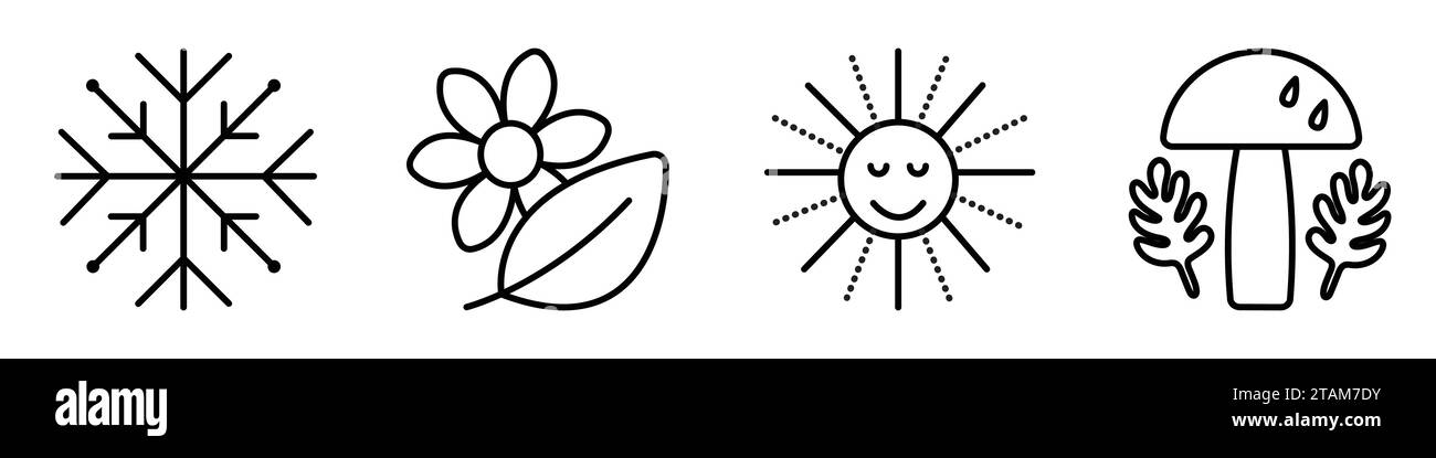 Four Seasons Icon Set, schwarze Linien Vektorzeichen für Winter, Frühling, Sommer und Herbst Stock Vektor
