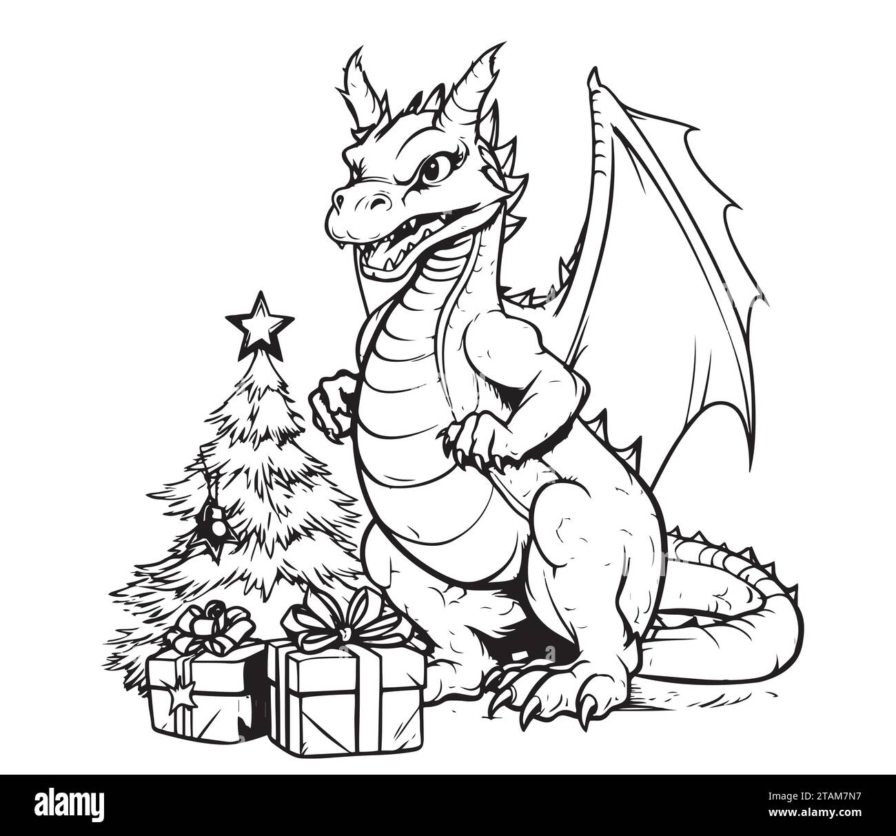 Süßer Drache mit Weihnachtsgeschenkkasten. Symbol des chinesischen Neujahrs 2024. Fantasy-Baby-Drachen-Zeichenkontur für Malbuch. Vektor-Illustration im Cartoon Line Art Stil, Stock Vektor