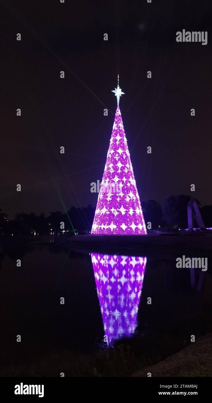 Sao Paulo, Sao Paulo, Brasilien. Dezember 2023. Sao Paulo (SP), 01/23 - WEIHNACHTEN/BAUM/DEKORATION - Licht- und Effekttest des Weihnachtsbaums im Ibirapuera Park, der am Samstag, den 12.02. Für die Öffentlichkeit geöffnet wird. Der Baum, der von einer Bank gesponsert wird, hat nicht die traditionellen grünen und roten Lichtfarben, die vorherrschende Farbe ist violett. (Foto: Leandro Chemalle/Thenews2/Zumapress) (Credit Image: © Leandro Chemalle/TheNEWS2 via ZUMA Press Wire) NUR REDAKTIONELLE VERWENDUNG! Nicht für kommerzielle ZWECKE! Stockfoto