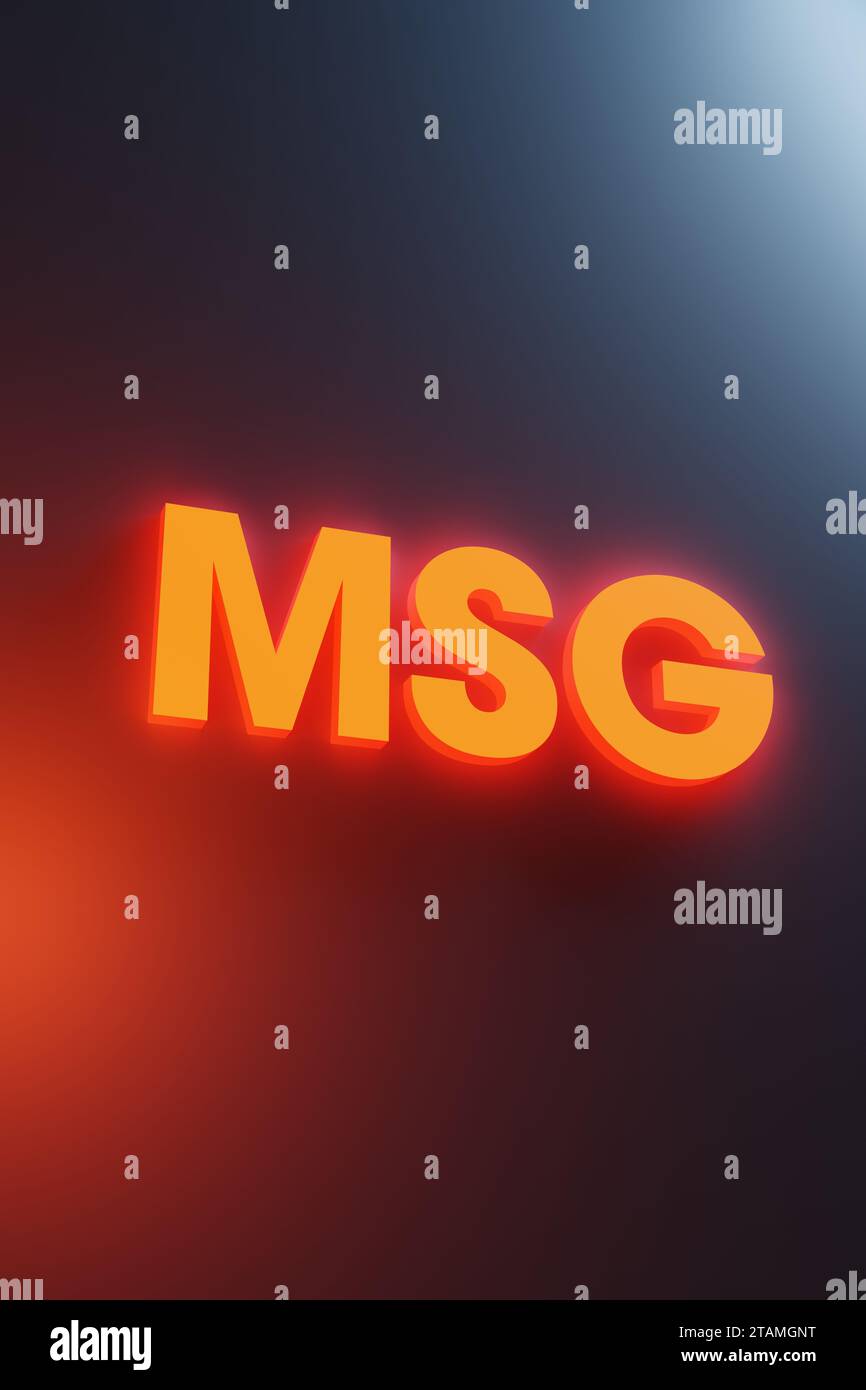 Orange 3D-Titel Mononatriumglutamat MSG C5H8NNaO4 in Lebensmitteln – strahlend beleuchtet Stockfoto