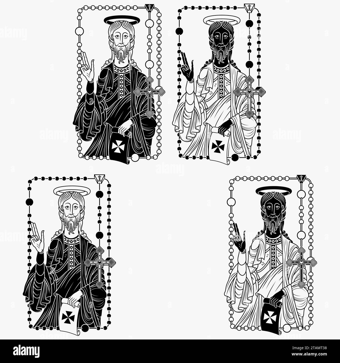 Vektordesign des Apostels St. Jakobus mit altem Pergament, Apostel St. Jakobus mit christlichem Rosenkranz als Rahmen Stock Vektor