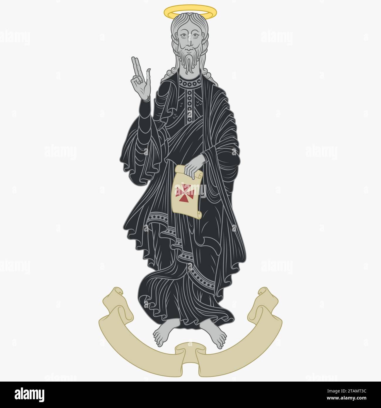 Vektordesign des Apostels Jakobus mit antikem Pergament, christliche ...