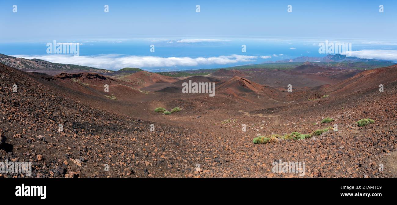 Panoramablick auf die typische vulkanische Landschaft Teneriffas. Kanarische Inseln. Spanien. Stockfoto