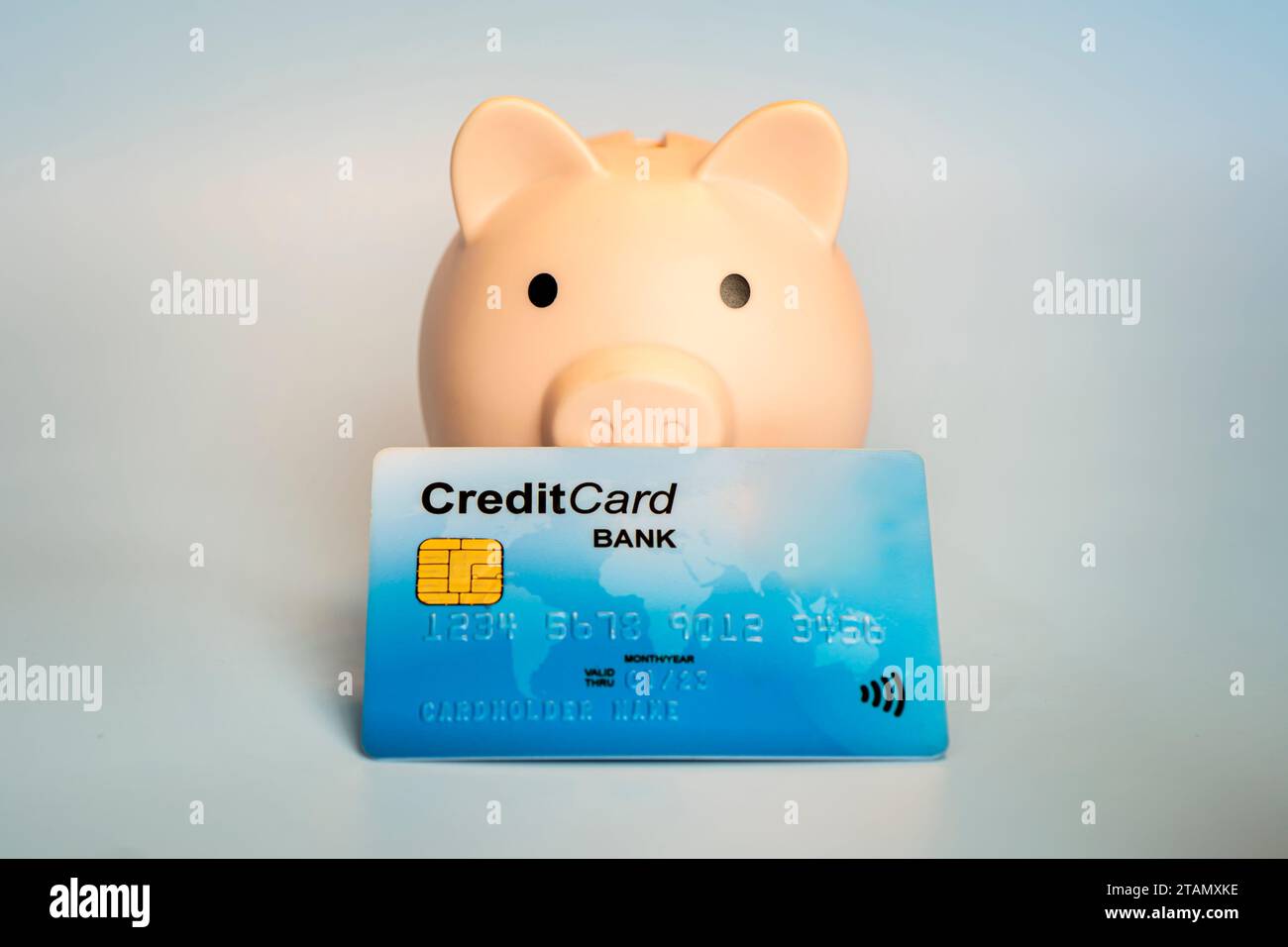 Nahaufnahme von rosafarbener Sparkasse und blauer Kreditkarte auf blauem grauen Hintergrund. Geldakkumulation, Investitionen, Bank- oder Unternehmensdienstleistungen, Vermögen c Stockfoto