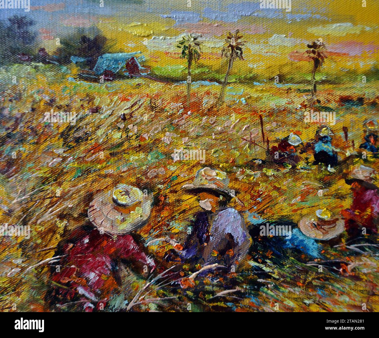 Kunstgemälde Ölfarbe Ernte Reis Landschaft in den Provinzen Thailand auf Leinwand Stockfoto